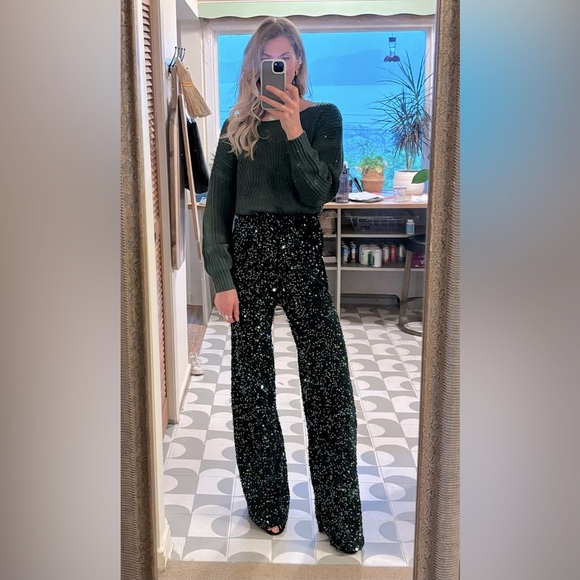 ✨ Custom Handmade EMERALD GREEN Sequin Velvet Velour Wide Leg Palazzo Pants - Picture 10 of 11